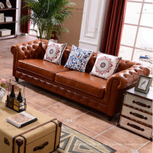 Classic Italy wax leather sofa chesterfield 3 seater living room sofa button back brown leather sofa